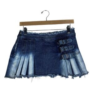 Edge by KS Pleated Ombre Buckle Denim Mini Skirt Blue Distressed Y2K Size S
